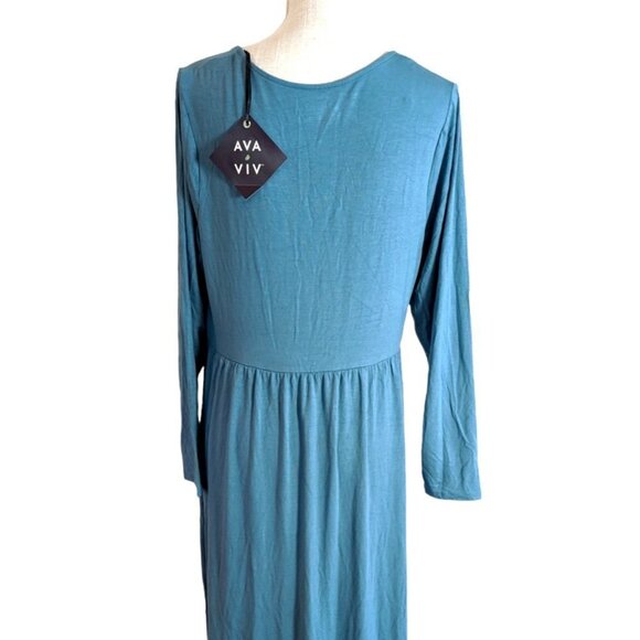 Ava & Viv Teal Ruched Front Long Sleeve A Line Dress - Picture 5 of 6